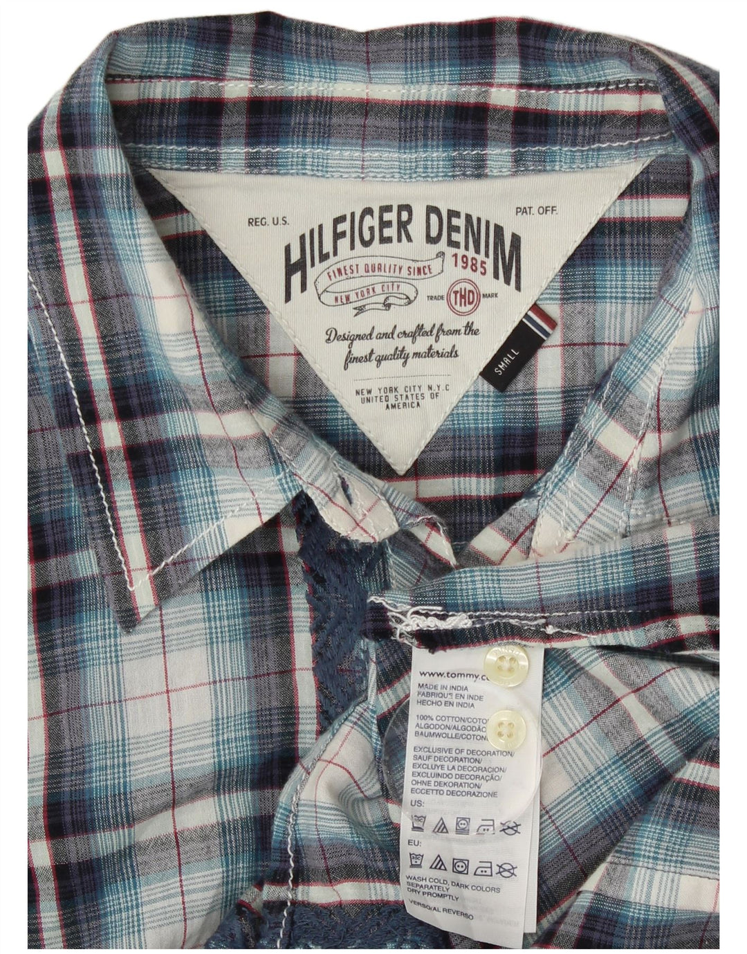 Camisa feminina Tommy Hilfiger UK 10 pequena azul xadrez algodão