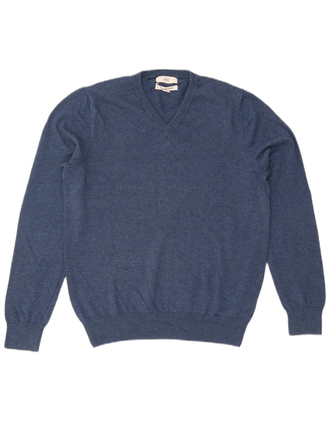 Suéter masculino Marks & Spencer com decote em V de algodão azul médio