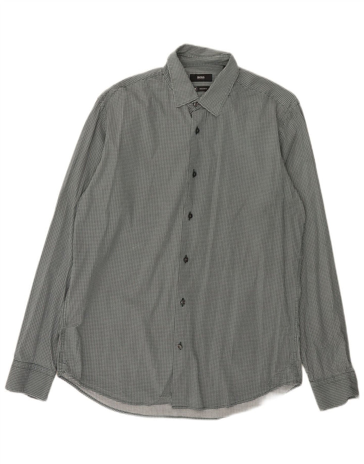 Camisa masculina Hugo Boss Regular Fit tamanho 40 15 3/4 verde médio geométrico
