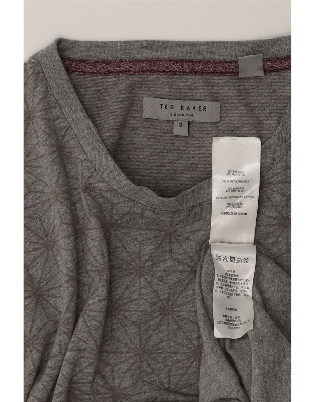 Camiseta gráfica masculina Ted Baker tamanho superior 3 algodão geométrico cinza médio