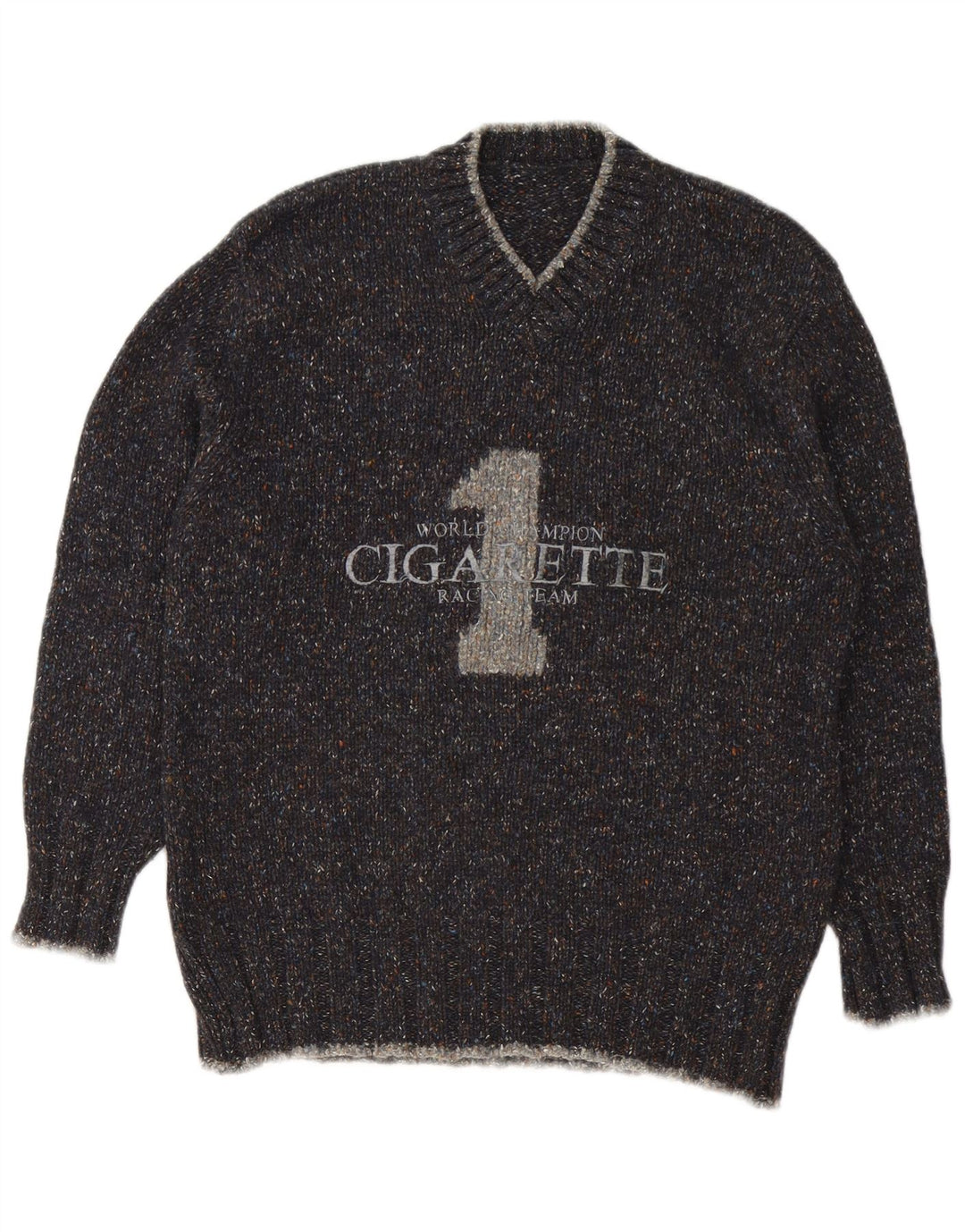Suéter vintage masculino com estampa de cigarro e decote em V cinza médio manchado