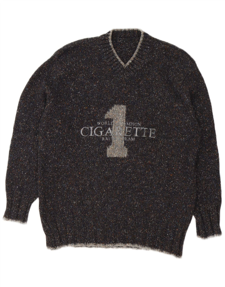 Suéter vintage masculino com estampa de cigarro e decote em V cinza médio manchado