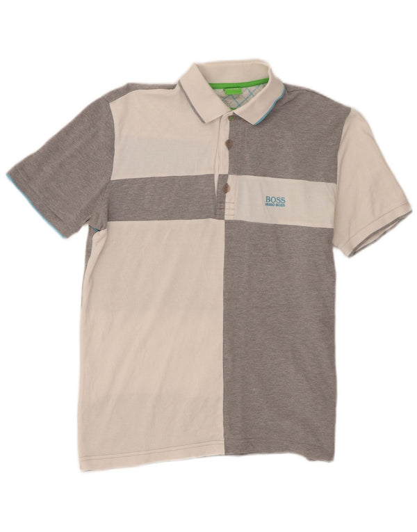 Camisa polo masculina de rugby Hugo Boss pequena cinza colorblock algodão