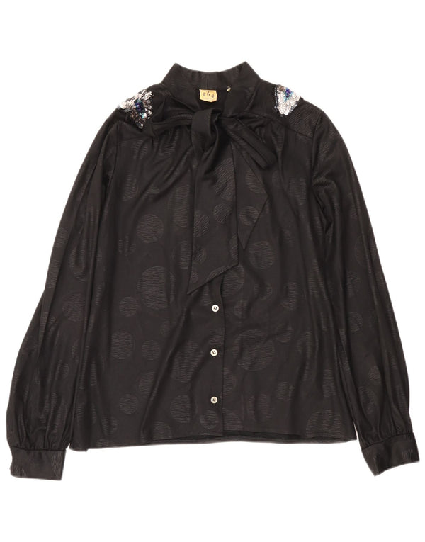 Blusa feminina vintage com gravata frontal IT 46 bolinhas pretas grandes