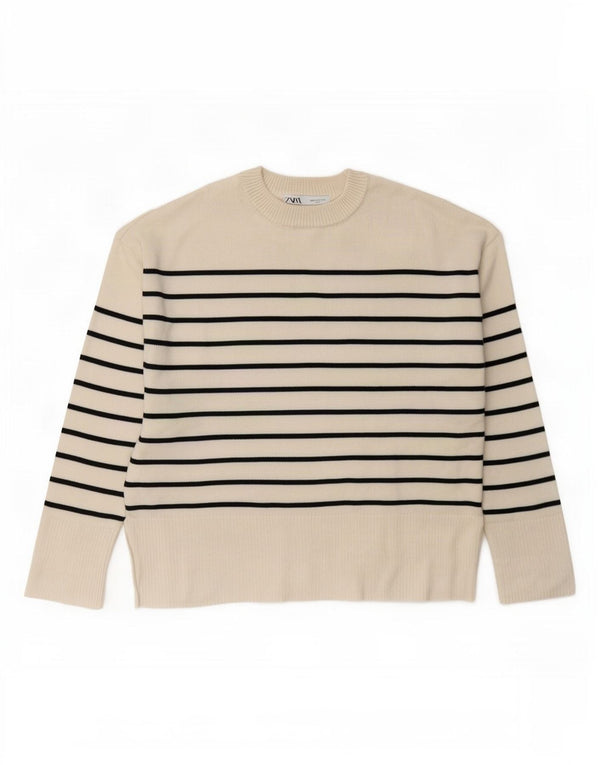 Suéter feminino Zara com gola redonda e listrado branco pequeno UK 10