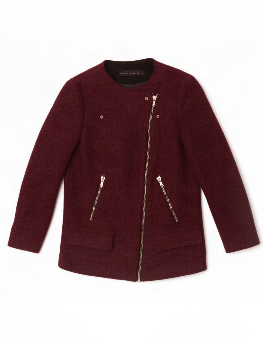 Jaqueta blazer feminina Zara com zíper completo Reino Unido 12 lã média cor de vinho