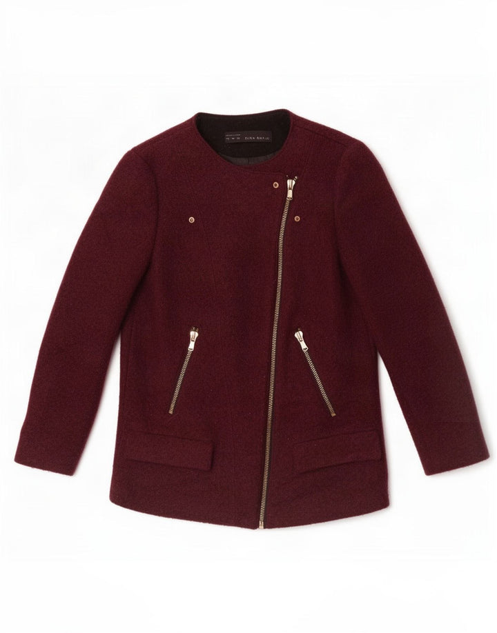 Jaqueta blazer feminina Zara com zíper completo Reino Unido 12 lã média cor de vinho