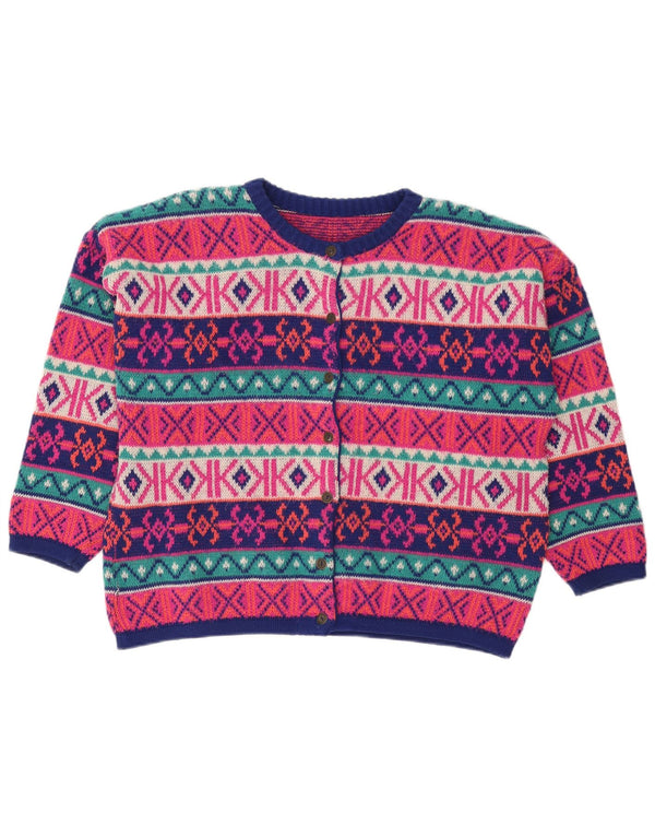 Suéter cardigã feminino vintage grande UK 18 XL multicolorido Fair Isle