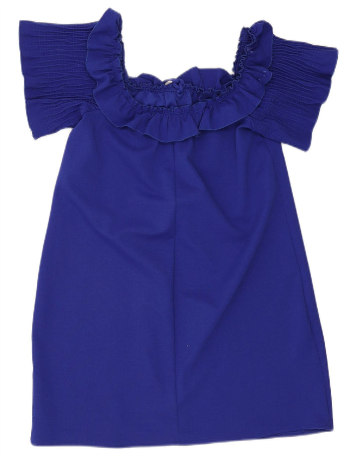 Vestido feminino Zara com babados e ombros de fora, tamanho 14, azul grande