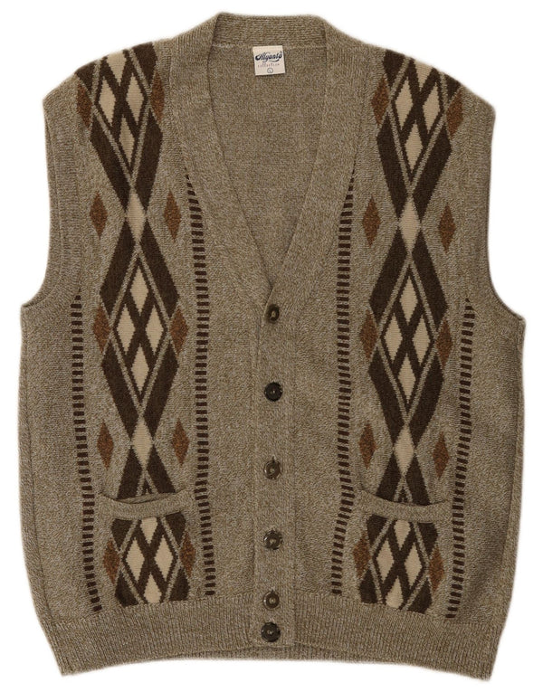 Suéter cardigã masculino vintage sem mangas grande caqui argyle/acrílico diamante