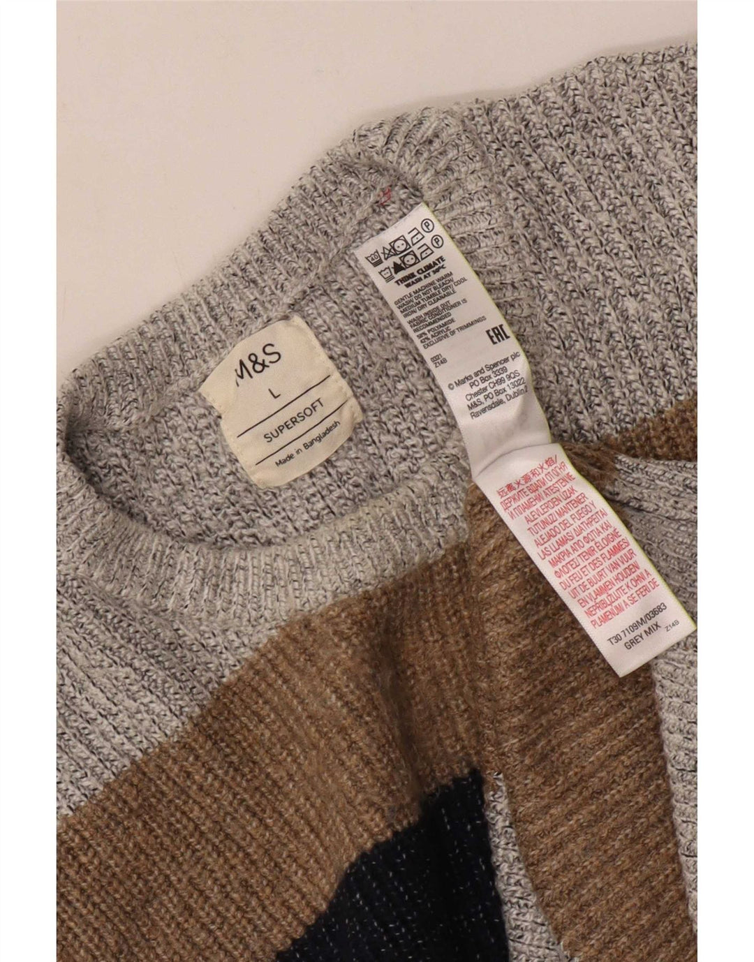 Suéter masculino Marks & Spencer com gola redonda grande bloco colorido cinza