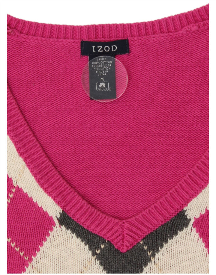 Suéter feminino Izod com decote em V médio rosa Argyle/algodão diamante