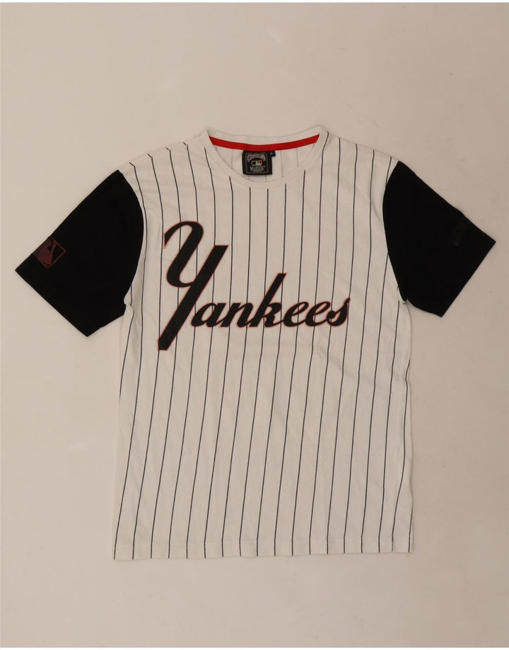 Majestic Mens Yankees Graphic Camiseta Top Médio Algodão Listrado Branco
