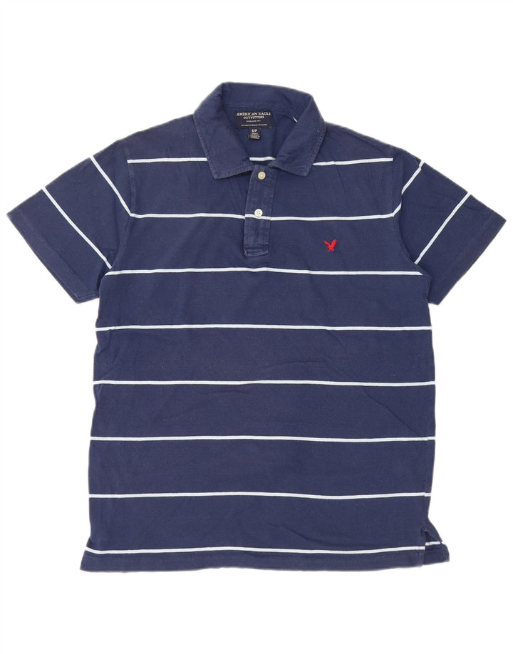 Camisa polo masculina American Eagle pequena listrada azul marinho de algodão