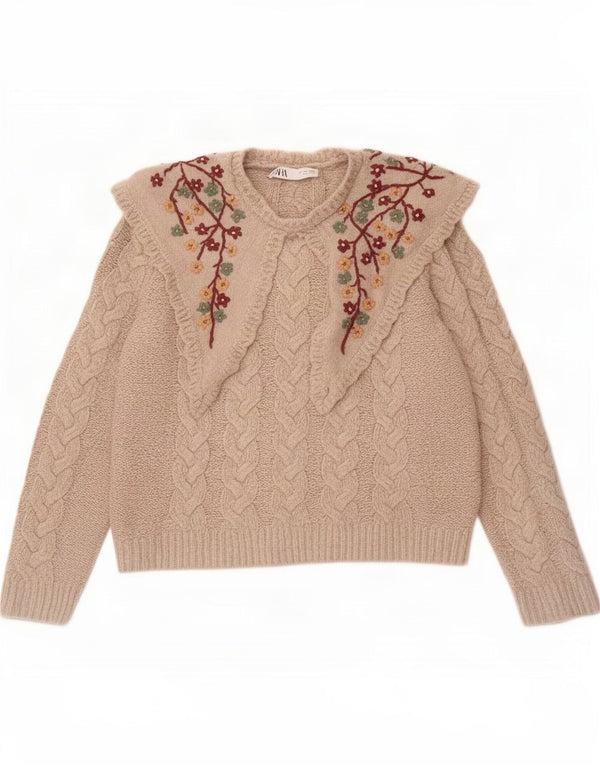 Zara Suéter feminino com gola redonda, Reino Unido 14, grande, bege, floral