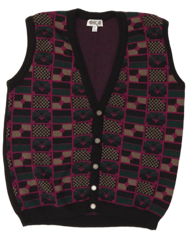 Suéter cardigã masculino vintage sem mangas IT 52 grande preto geométrico