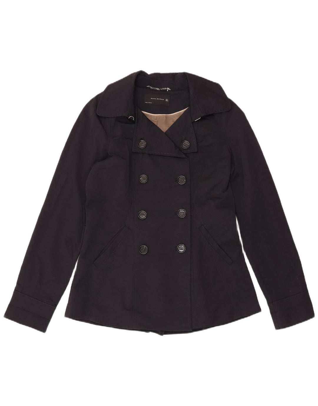 ZARA Womens Pea Coat UK 12 Médio Algodão Azul Marinho
