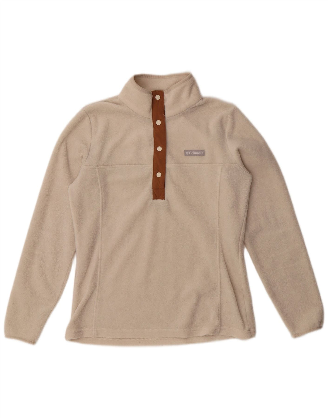 Suéter feminino Columbia de lã com gola redonda e botão UK 10 pequeno poliéster branco