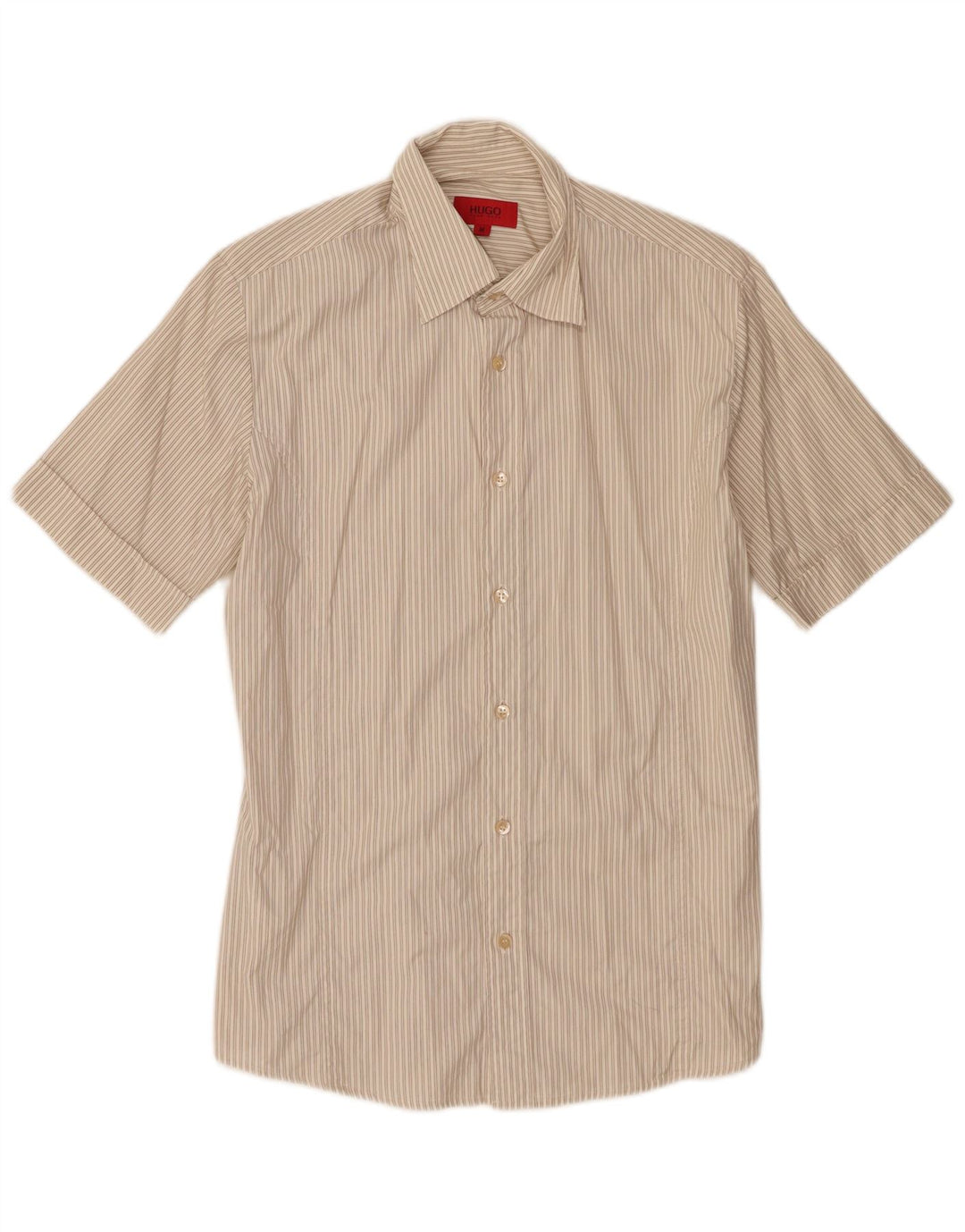 Camisa masculina de manga curta Hugo Boss algodão listrado bege médio