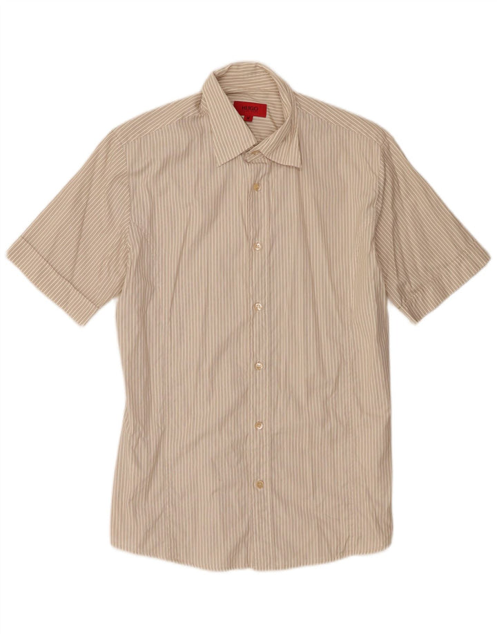 Camisa masculina de manga curta Hugo Boss algodão listrado bege médio