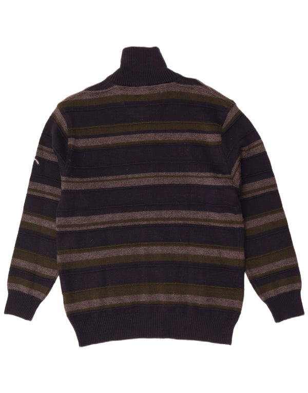Suéter cardigã masculino vintage 2XL lã merino listrada azul marinho