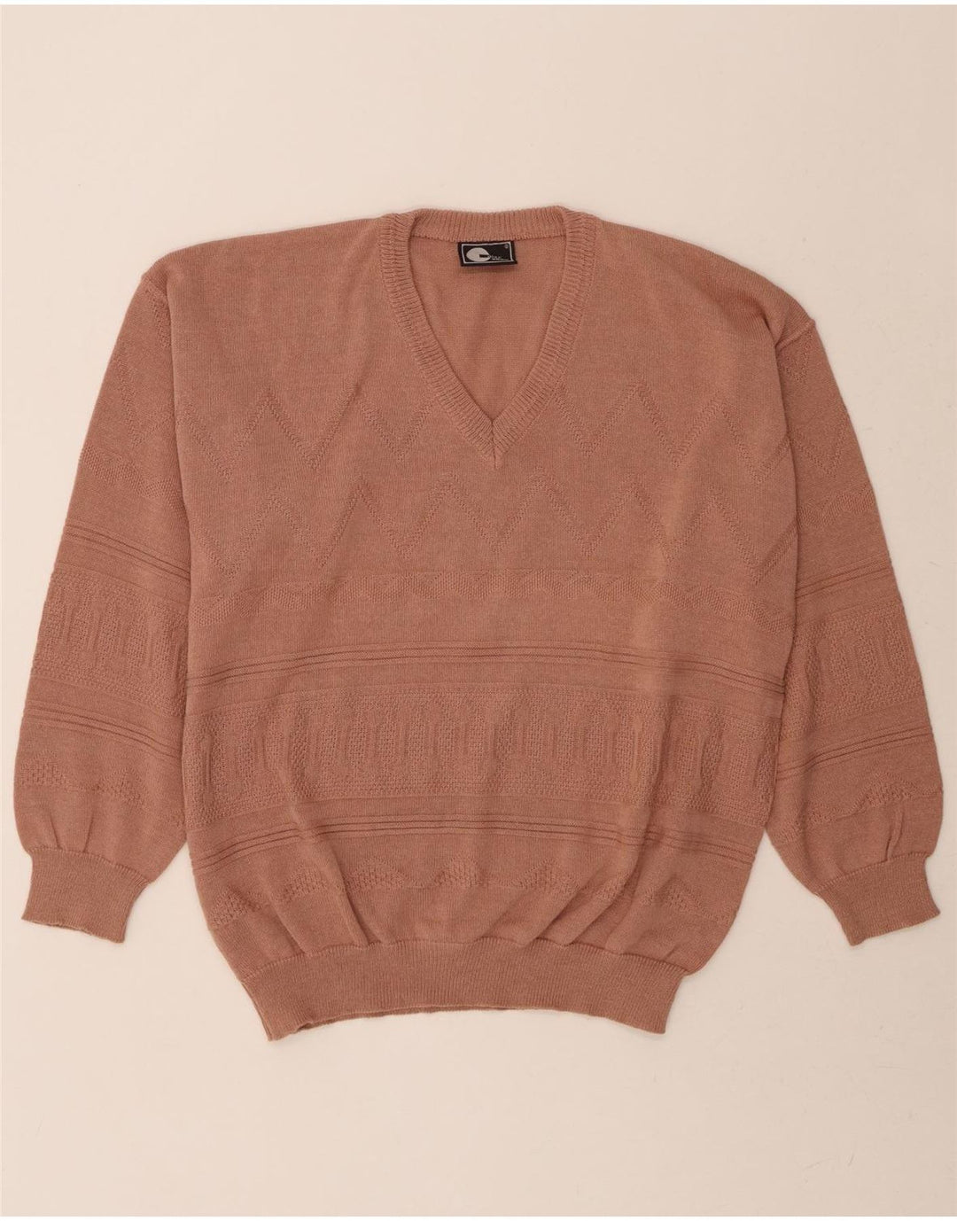 VINTAGE Mens V-Neck Jumper Sweater IT 50 Medium Brown Fair Isle Cotton Vintage Vintage and Second-Hand Vintage from Messina Hembry 