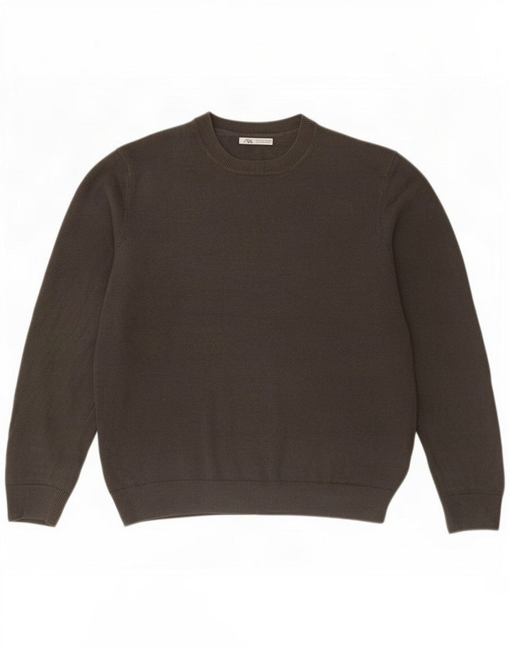 Zara Suéter masculino com gola redonda grande linho cinza
