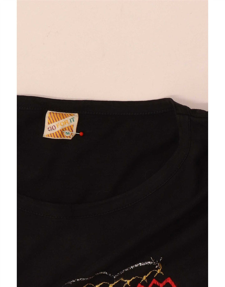 Top gráfico feminino vintage manga 3/4 Reino Unido 14 algodão preto médio