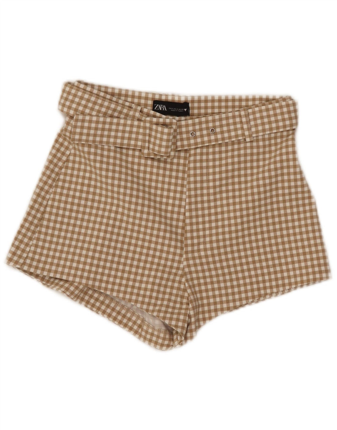 Calça quente feminina Zara cintura alta pequena W26 poliéster bege guingão