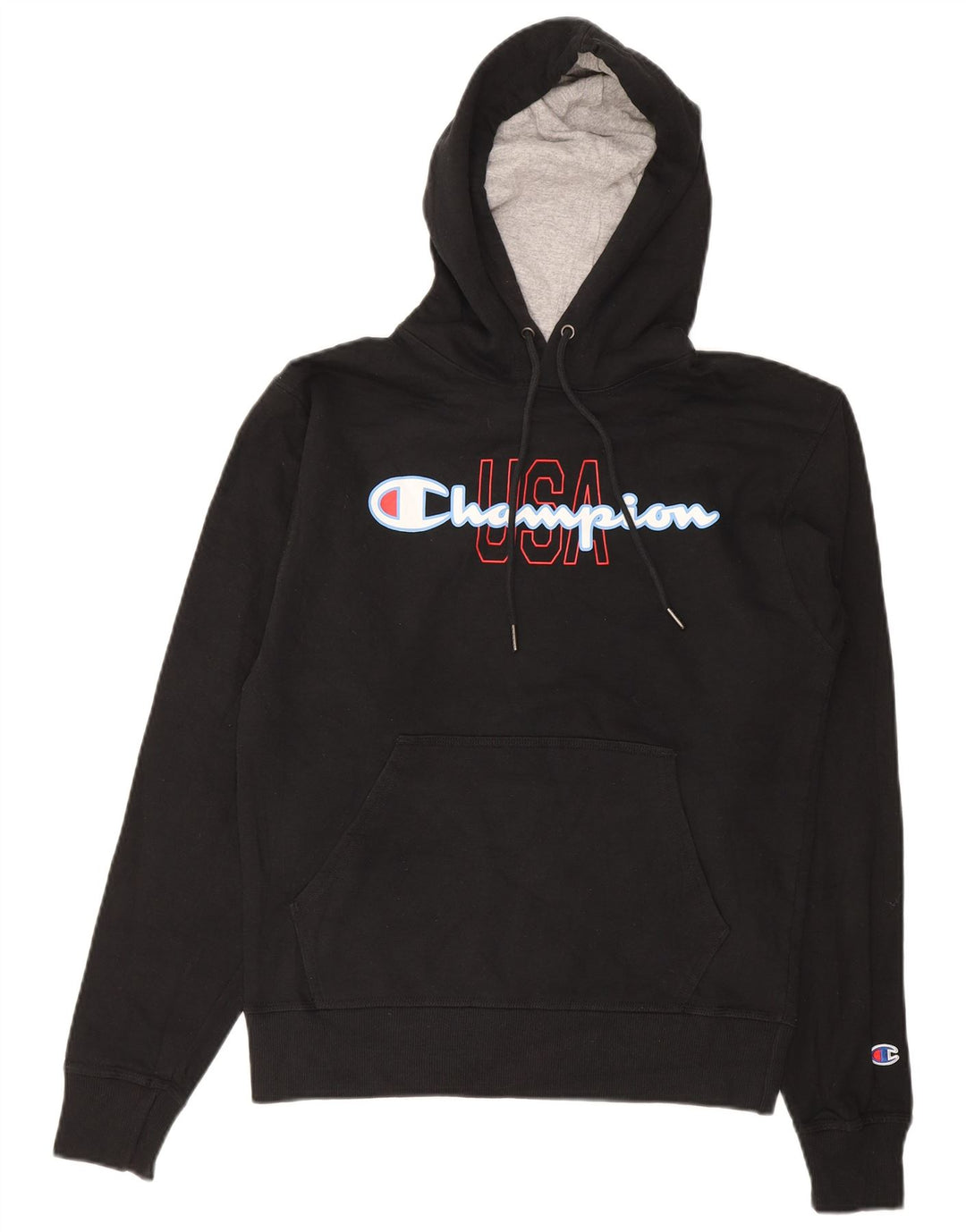CHAMPION Masculino EUA moletom com capuz gráfico pequeno algodão preto
