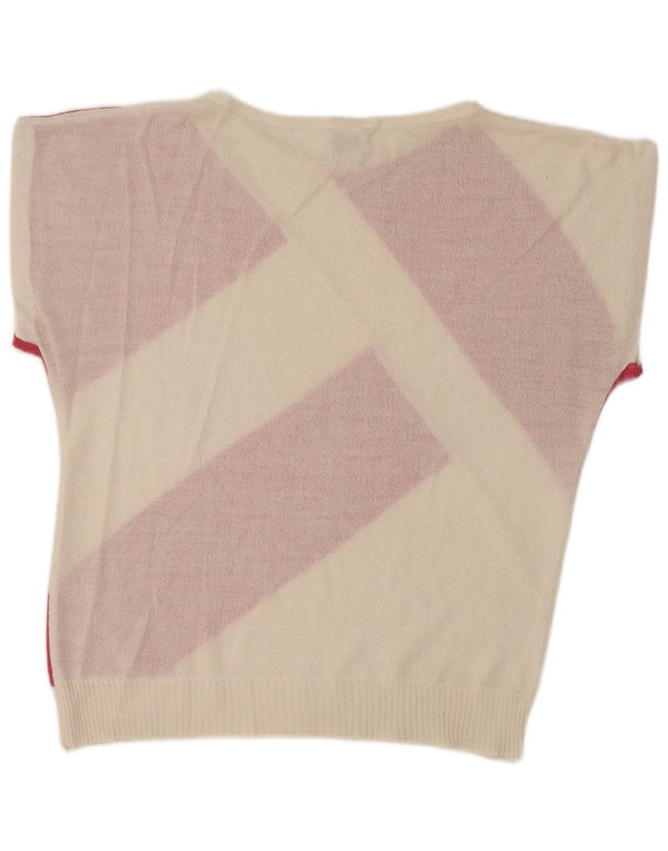 Suéter feminino vintage com gola canoa UK 12 listrado branco médio