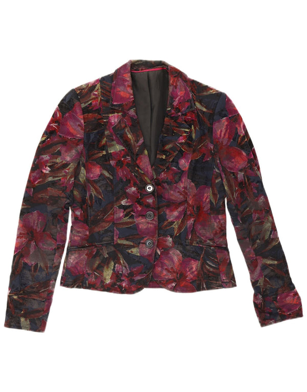 Jaqueta blazer feminina vintage com 3 botões UK 10 pequena floral multicolorida