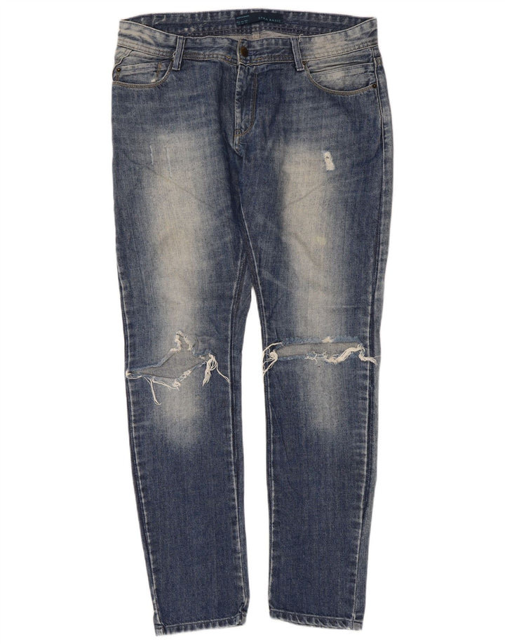 Zara Jeans feminino slim desgastado UE 42 grande W32 L30 azul