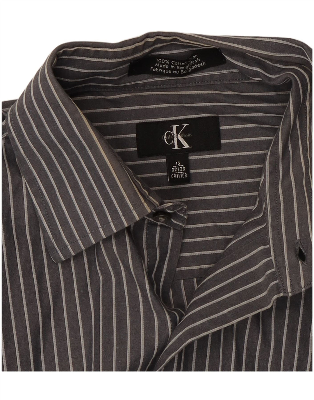 Camisa masculina Calvin Klein tamanho 15 algodão listrado cinza médio