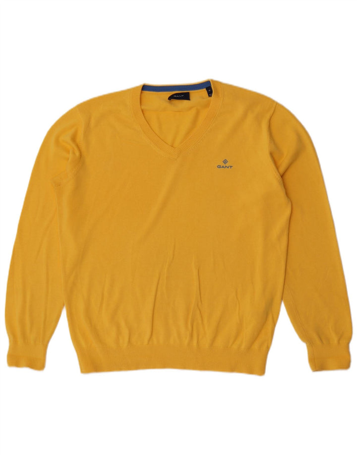 Suéter masculino Gant com decote em V de algodão amarelo médio