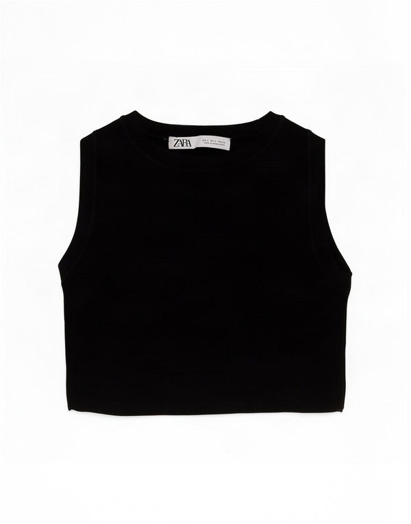 Zara Womens Crop Vest Top UK 8 Pequeno Preto Viscose