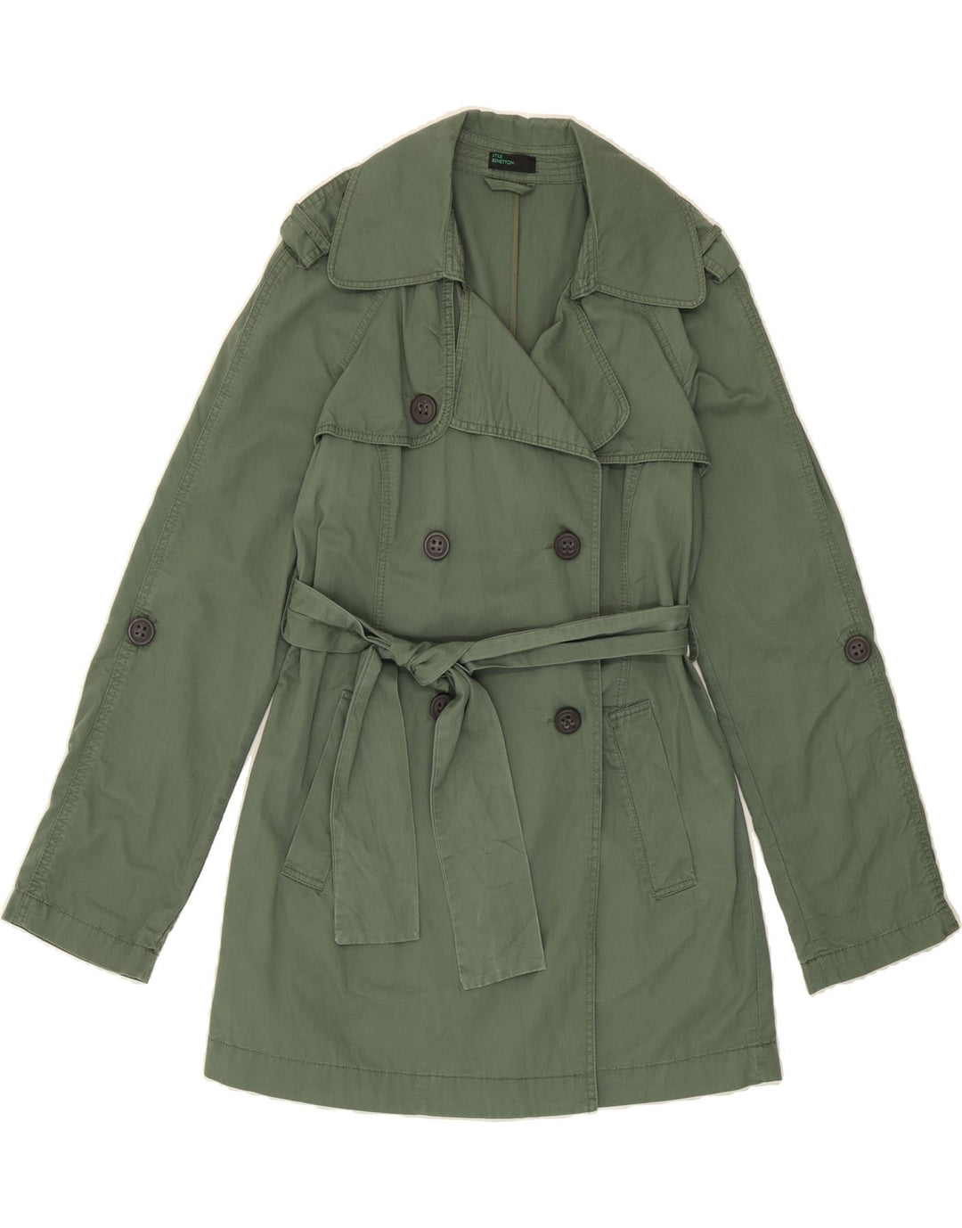 BENETTON Womens Double Breasted Trench Coat IT 46 Large Khaki Cotton Vintage Benetton and Second-Hand Benetton from Messina Hembry 