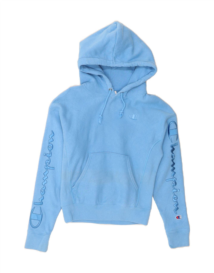 CHAMPION Womens Graphic Hoodie Jumper UK 6 XS Blue Cotton Vintage Champion and Second-Hand Champion from Messina Hembry 