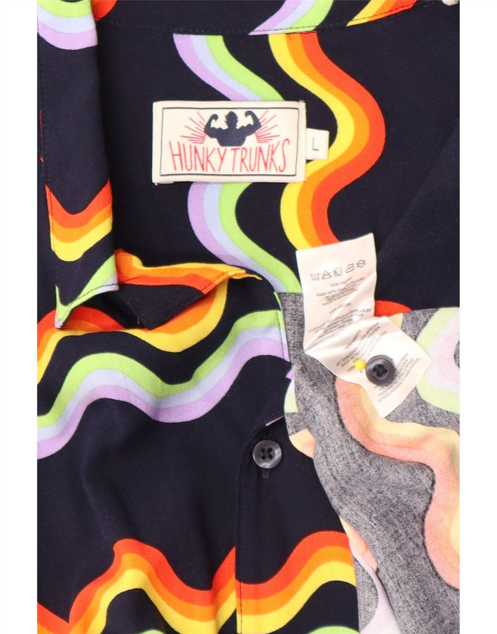 Camisa masculina vintage de manga curta grande azul marinho viscose Chevron