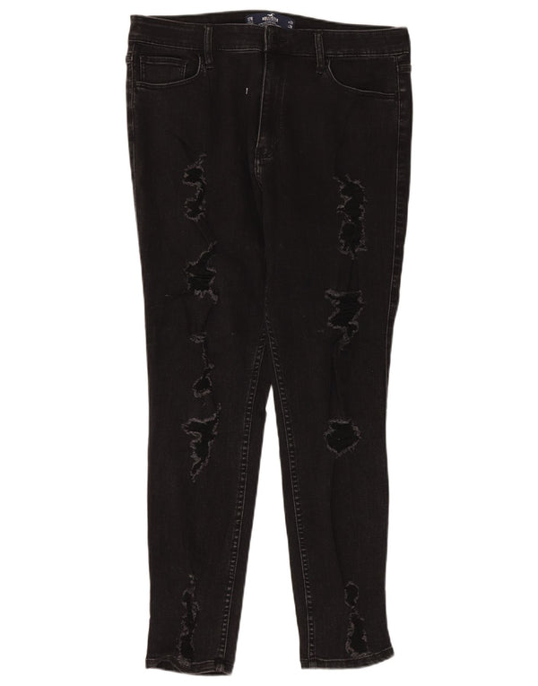 Calça jeans skinny feminina Hollister com cintura alta desgastada US 17 2XL W33 L28 preta