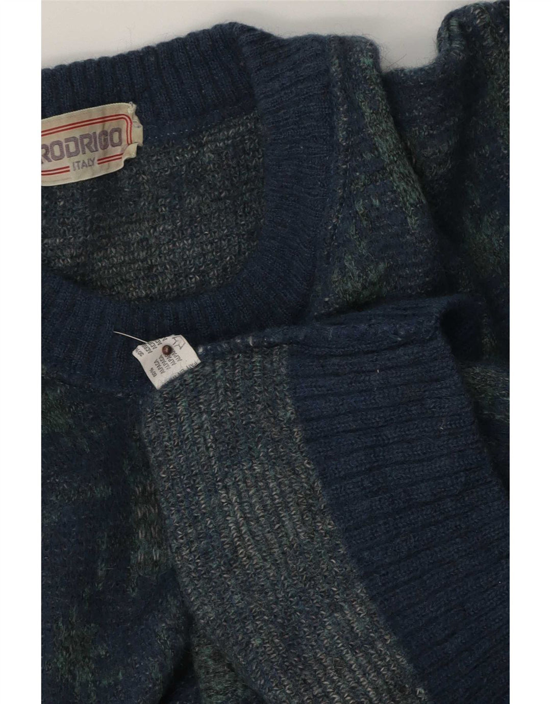 Suéter masculino Rodrigo com gola redonda, grande lã geométrica azul de alpaca
