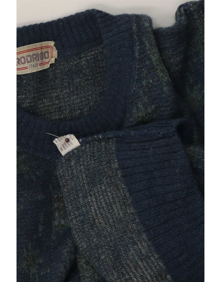 Suéter masculino Rodrigo com gola redonda, grande lã geométrica azul de alpaca