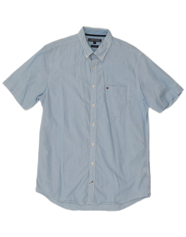 Tommy Hilfiger Camisa masculina de manga curta New York Fit risca de giz azul médio