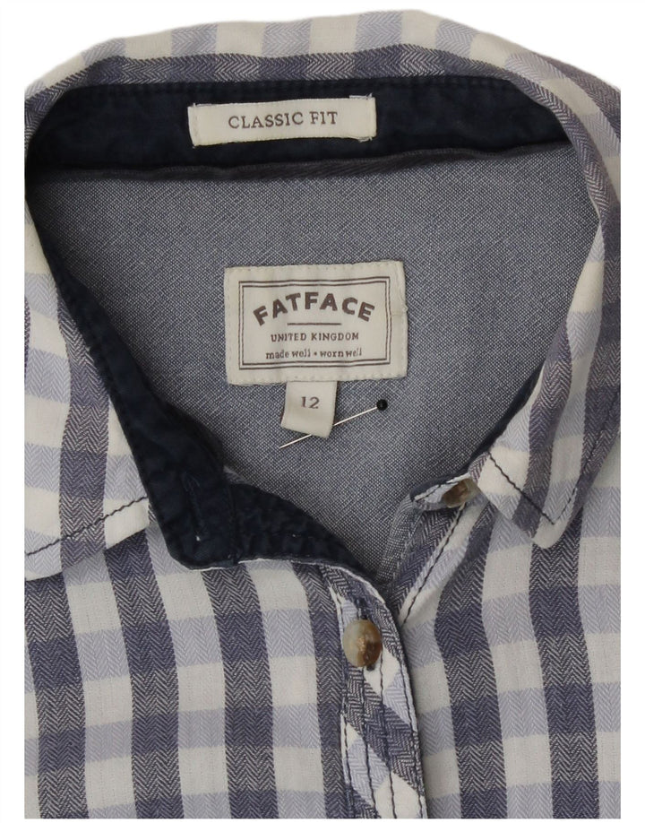 Camisa feminina Fat Face Classic Fit Reino Unido 12 algodão guingão azul médio