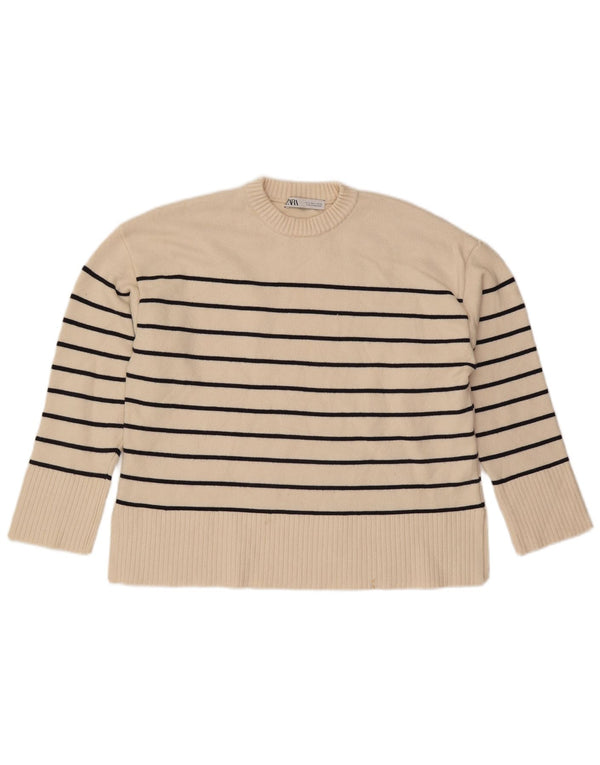 Suéter feminino Zara com gola redonda e viscose listrada branca média UK 14