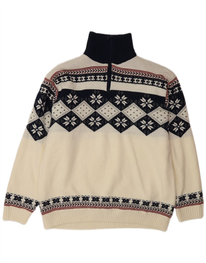 Suéter masculino vintage com zíper e gola grande branco Fair Isle poliacrílico