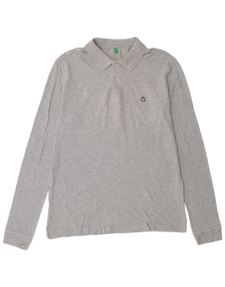Camisa polo masculina de manga comprida Benetton grande algodão cinza