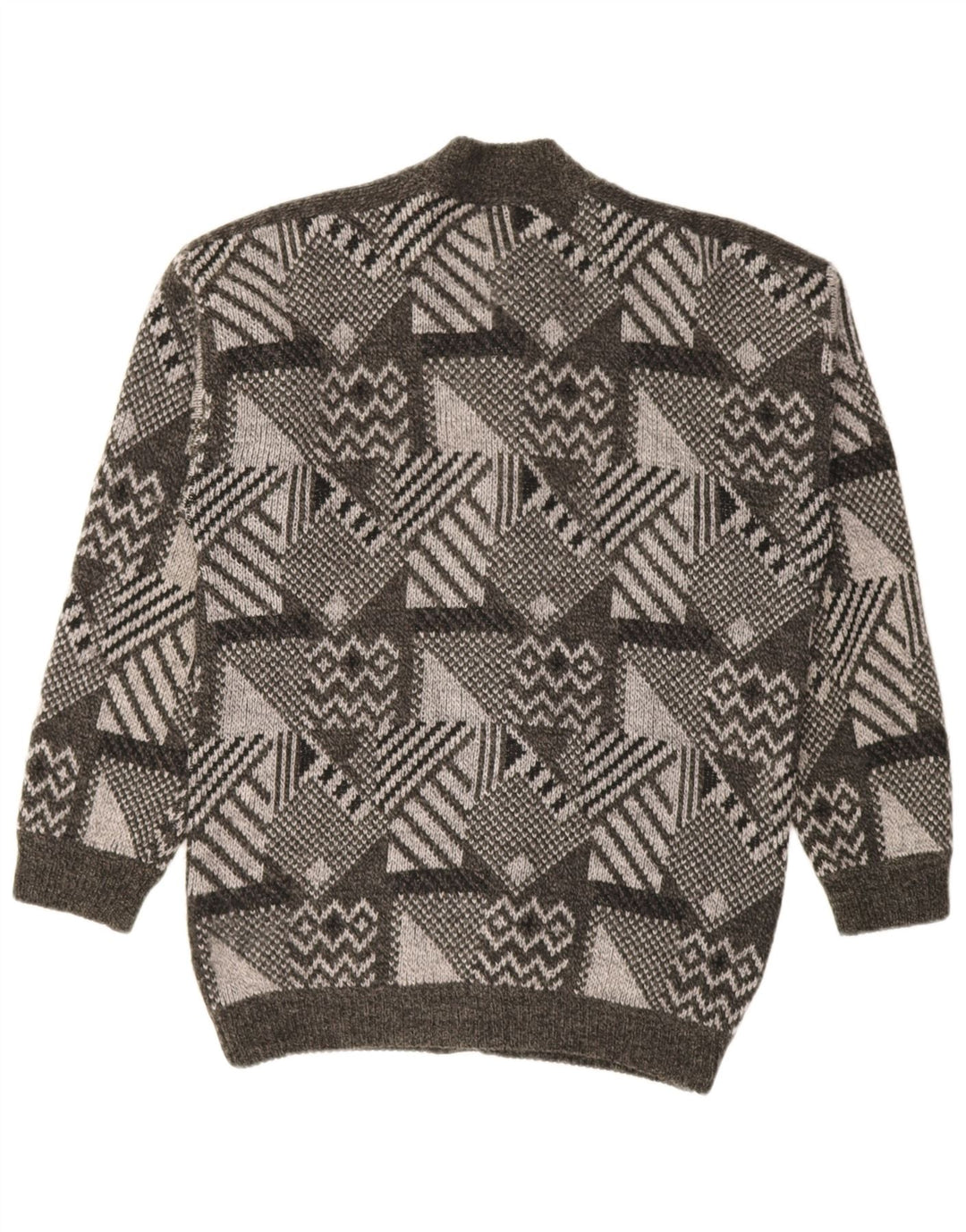 Suéter cardigã masculino vintage cinza médio geométrico