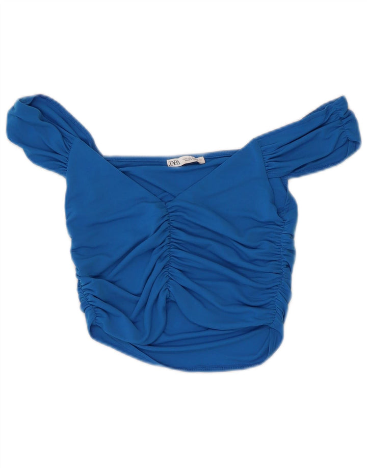 Top feminino Zara com ombro de fora UK 8 poliéster azul pequeno