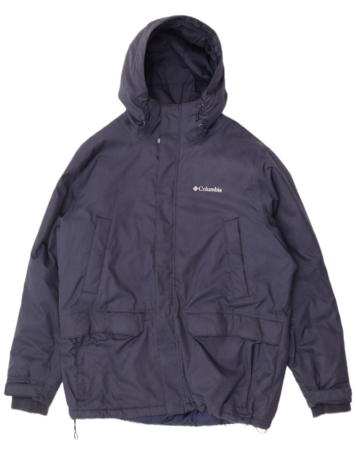 Jaqueta corta-vento masculina Columbia com capuz Reino Unido 42 XL azul marinho poliéster